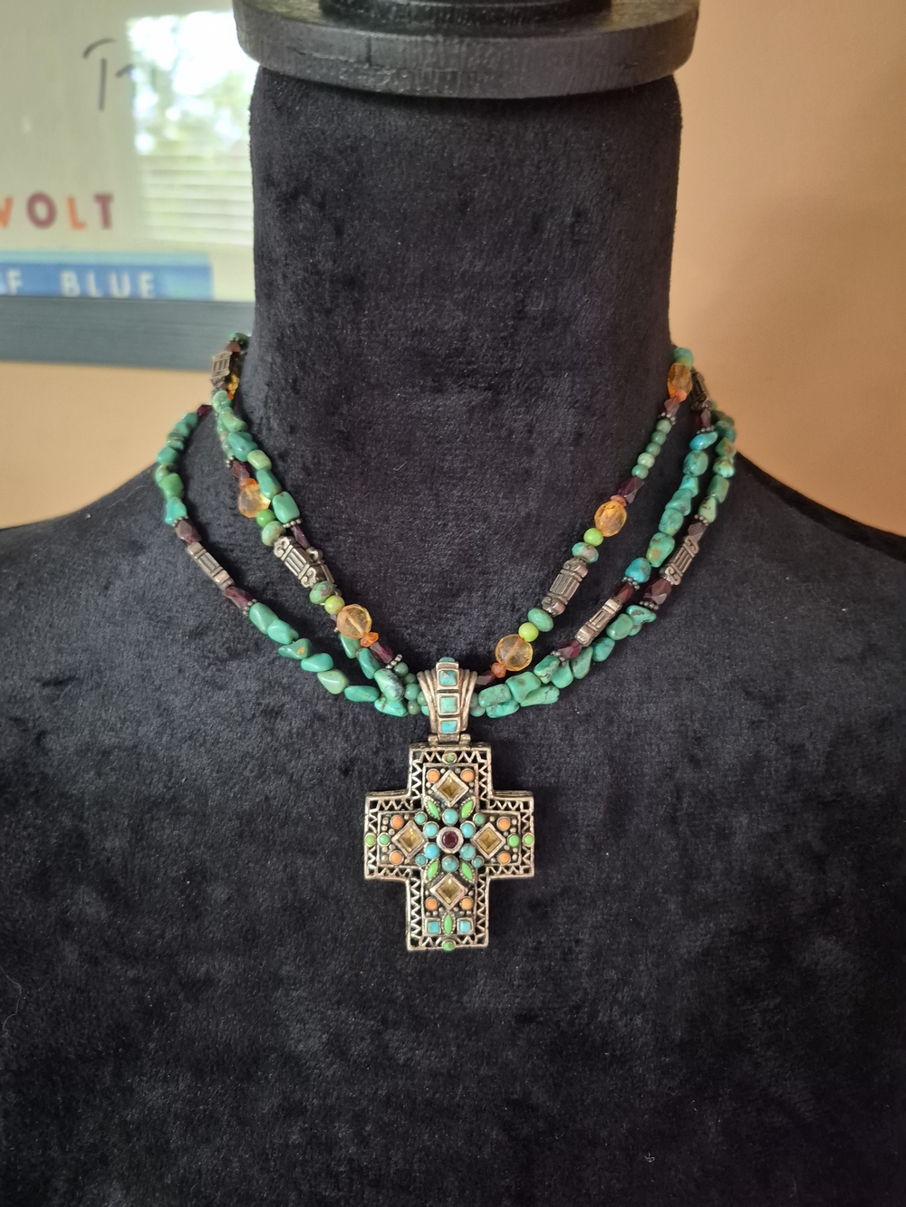 Turquoise 925 Silver Multi-Strand Cross Pendant Necklace - Women's Jewelry